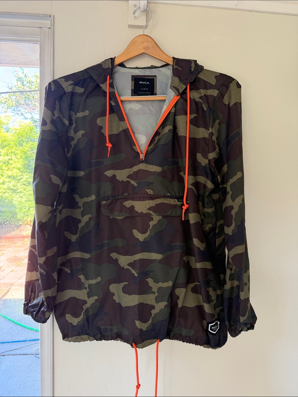RVCA Olive Camo Hooded Windbreaker with Orange Accents